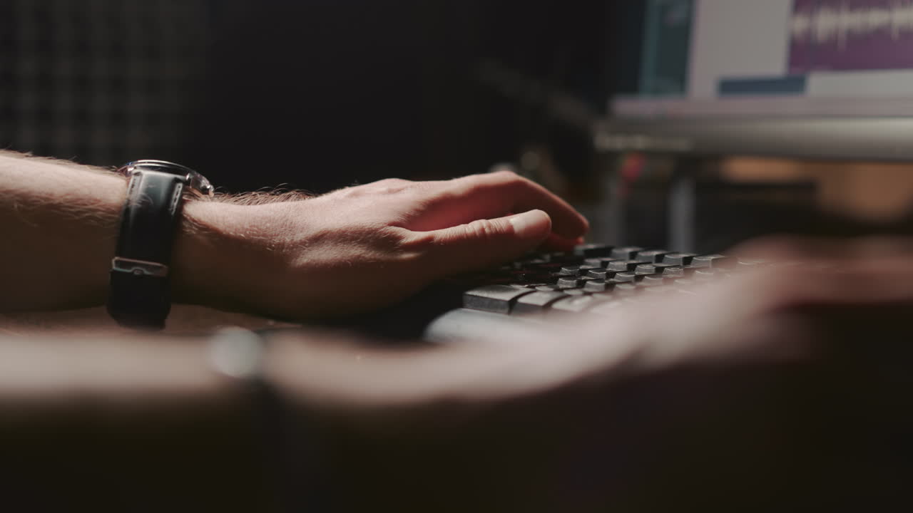 Musician processes audio track in studio closeup. Man hands type on computer keyboard listening new record at workplace. Digital music technology