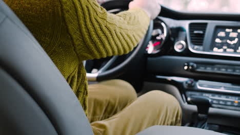 Camera-Focuses-On-The-Hand-Of-A-Woman-Grabbing-Her-Husband's-Hand-On-The-Armrest-Of-A-Car