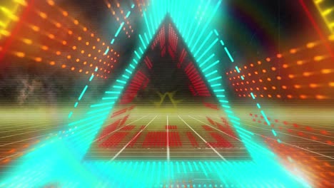 Animación-De-Un-Túnel-Triangular-De-Neón-En-Un-Patrón-Transparente-Sobre-Una-Red-De-Cuadrícula-Sobre-Fondo-Negro.