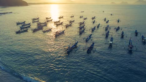 indonesia traditional fishing boats docked in shores after fishing an aerial view, papuma beach jember