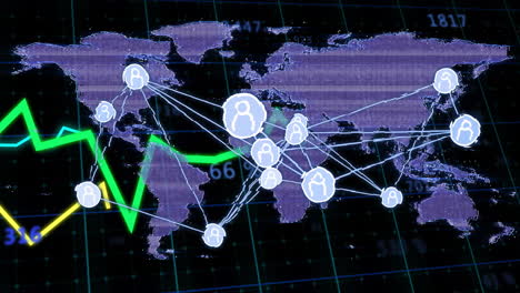 animación del procesamiento de datos financieros, conexiones y mapa del mundo sobre fondo negro