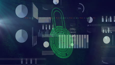 Green padlock and fingerprint animation over digital data and graphs