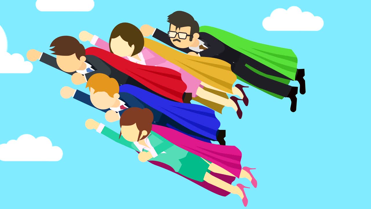 el equipo de negocios de superhéroes volando en traje y capa roja. concepto de liderazgo y logro. ilustración de bucle en estilo plano.