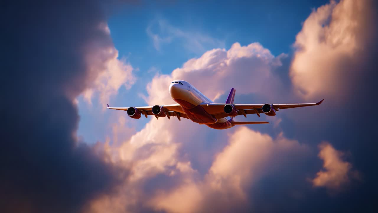 Un aereo maestoso che solca un cielo spettacolare pieno di nuvole soffici durante il tramonto, evidenziando la sua potente ascesa e il design elegante sullo sfondo di tonalità vivaci