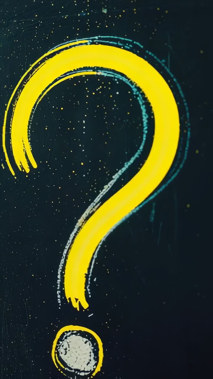 Vertical video: Starting stroke, yellow brush filling question mark on chalkboard with dot speckles