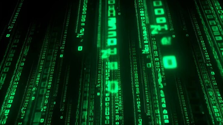 Close-up abstract scene showing vertical neon green glyph columns, luminous square and rectangular forms, deep black negative space, layered depth, crisp contrast, and futuristic digital texture