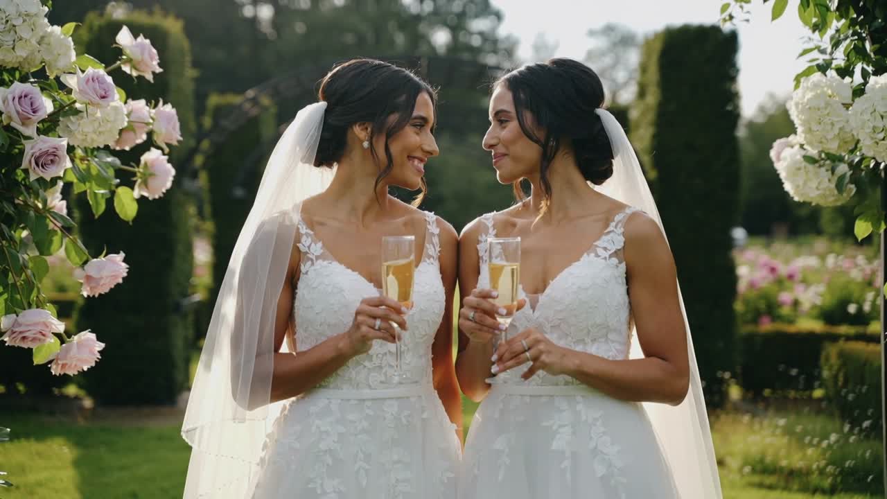 Cerimonia di matrimonio che si conclude, due spose velate alzano i calici di champagne, celebrando i voti in giardino.