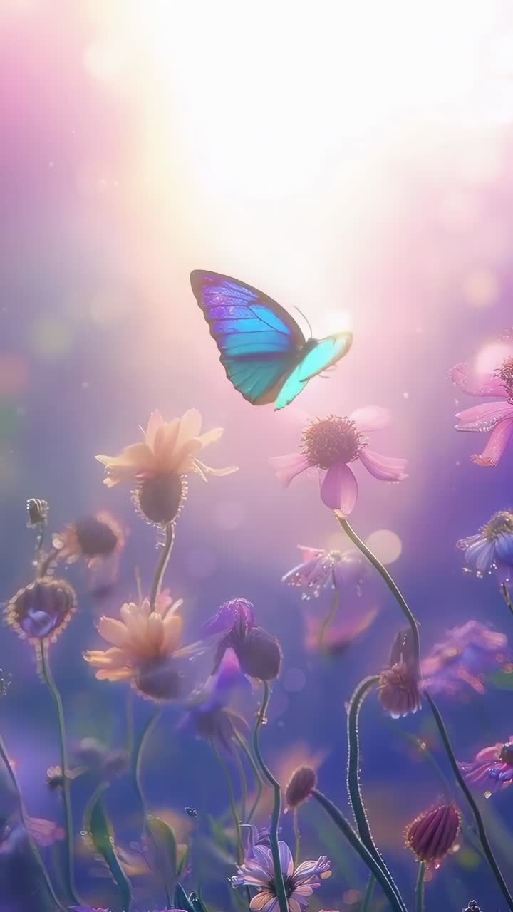 Una farfalla vivace sui fiori all'alba, ripresa dal basso, evoca una scena video onirica