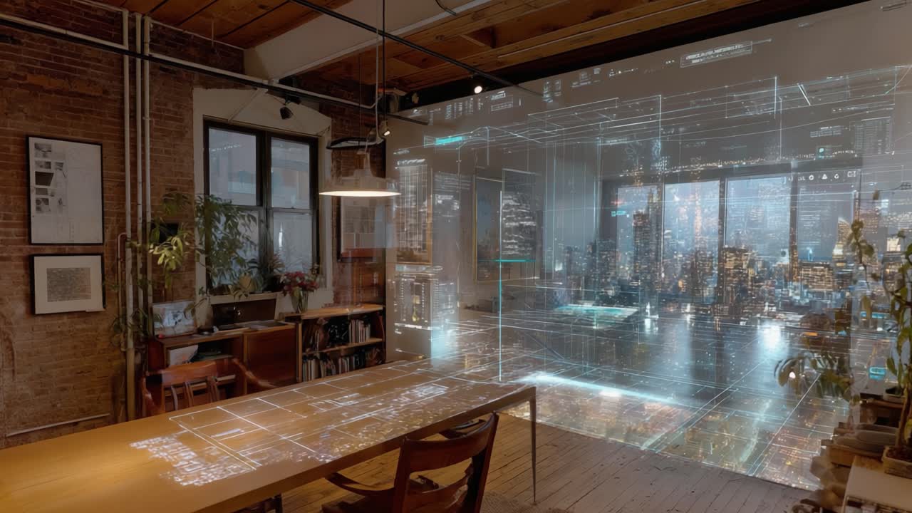 A High-Tech Workspace Featuring a Digital Projection of a Cityscape at Night, Merging Innovative Design with a Cozy Interior, Illustrating the Future of Work and Creativity in Urban Living Spaces