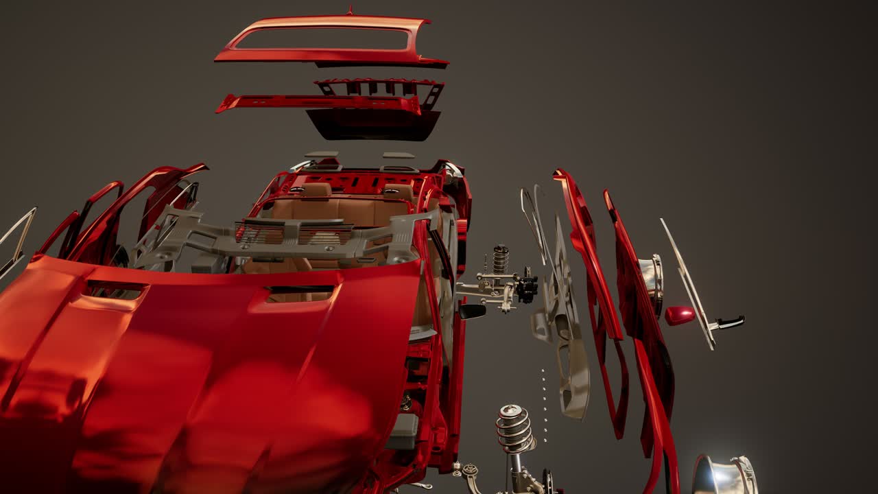 눈에 띄는 부분이 있는 분해된 자동차