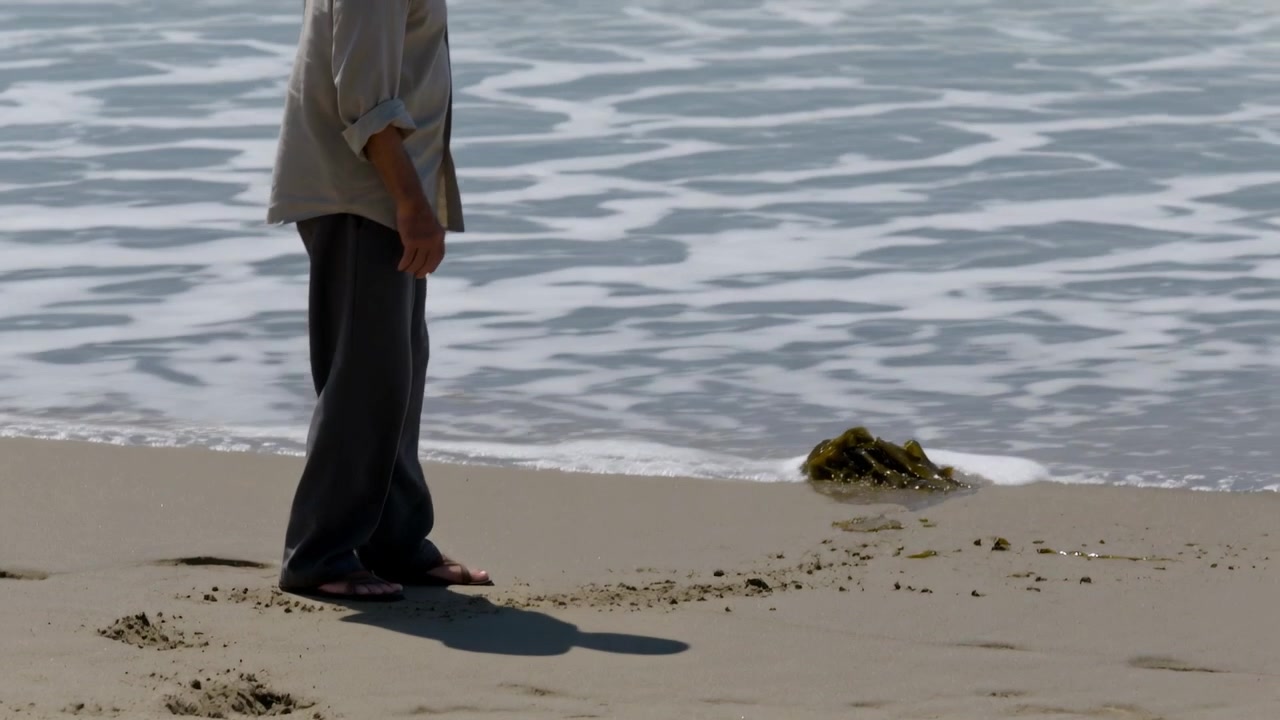 Shifting weight, man in light shirt and flip-flops kicking seaweed into surf at shoreline, copy sp