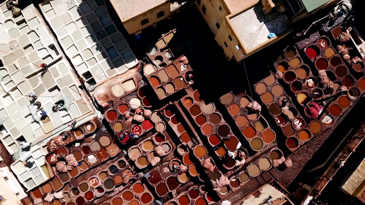 View over a tannery seen from the sky in the city of Fez, Morocco