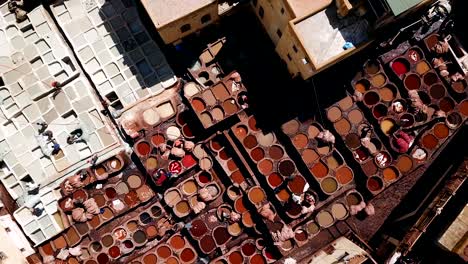 view over a tannery seen from the sky in the city of fez, morocco