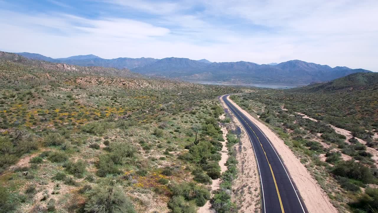 descenso aéreo a la vista de la carretera que conduce al lago bartlett un coche negro pasa por debajo del bosque nacional drone tonto, desierto de sonora, lago bartlett, arizona