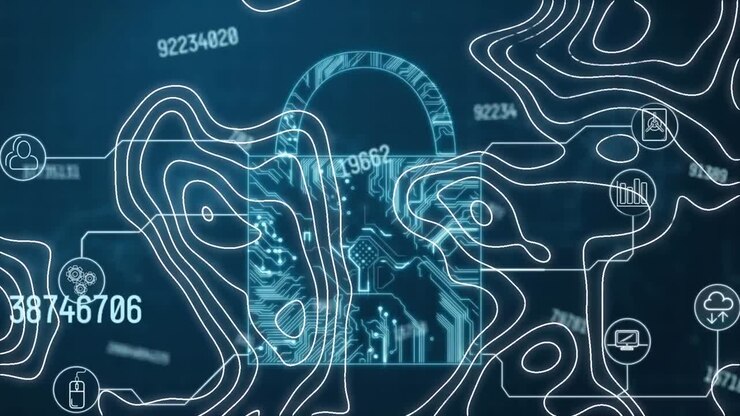 Animation of padlock and shapes on blue background