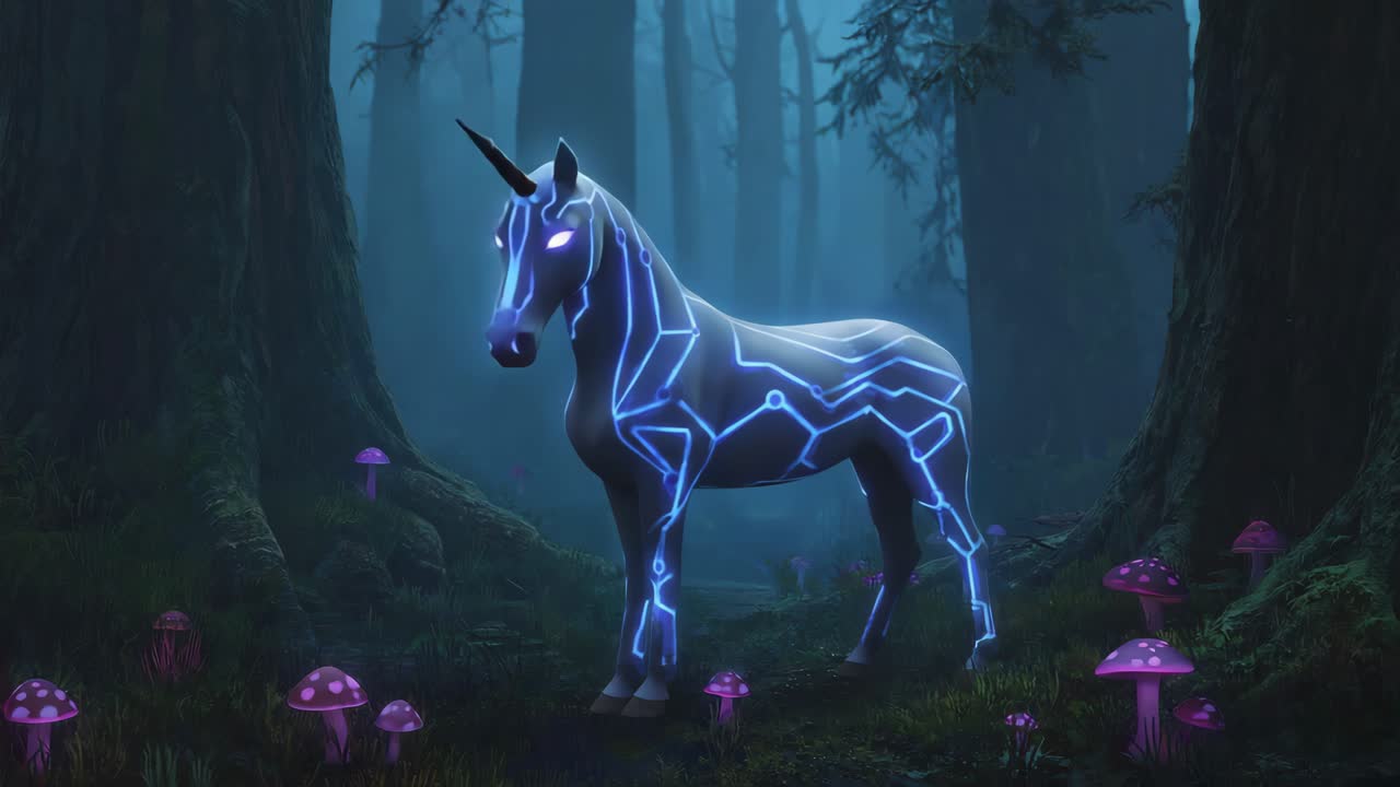 Unicorno splendente in una foresta mistica