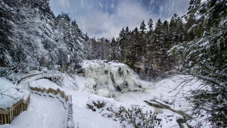 cinemagraph of blackwater falls in winter with ice and snow while snowing heavily