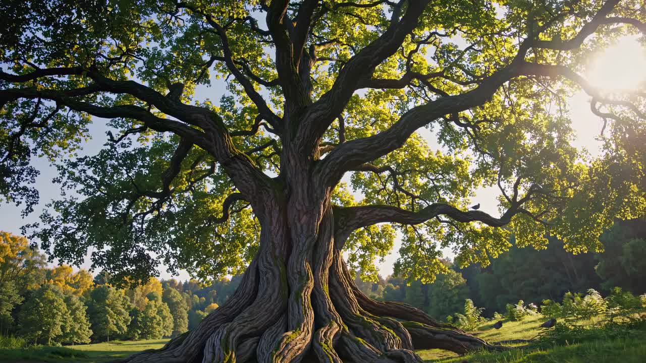 Majestic tree with sprawling branches captured from a low-angle, emphasizing its grandeur