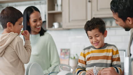 Happy,-help-and-a-family-washing-dishes-together