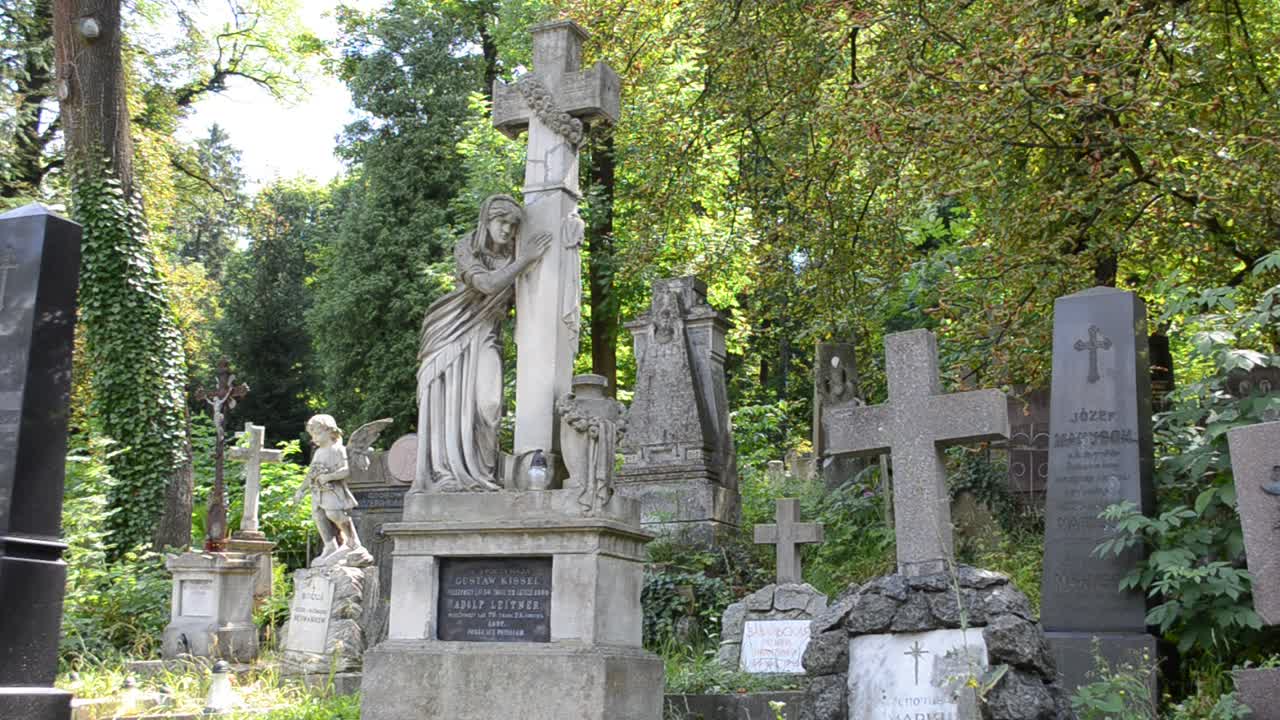 Croci in un cimitero. Leopoli, Ucraina. Cimitero di Lychakiv, il complesso storico e commemorativo (dal 1991) a Leopoli, nel quartiere storico di Lychakiv, uno dei cimiteri più antichi dell'Ucraina.