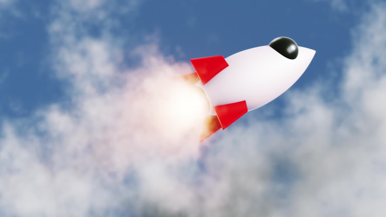 bucle sin fisuras 3d renderización de arranque cohete jet súper velocidad volando en el cielo azul fondo ilustración 3d. hacer planes y la cabeza a la línea de meta.