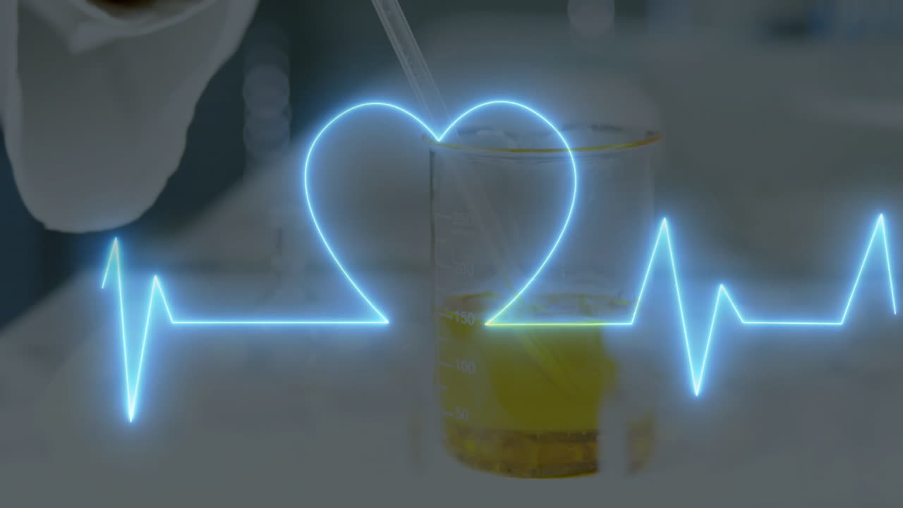 Heartbeat line animation over laboratory scene with beaker and pipette