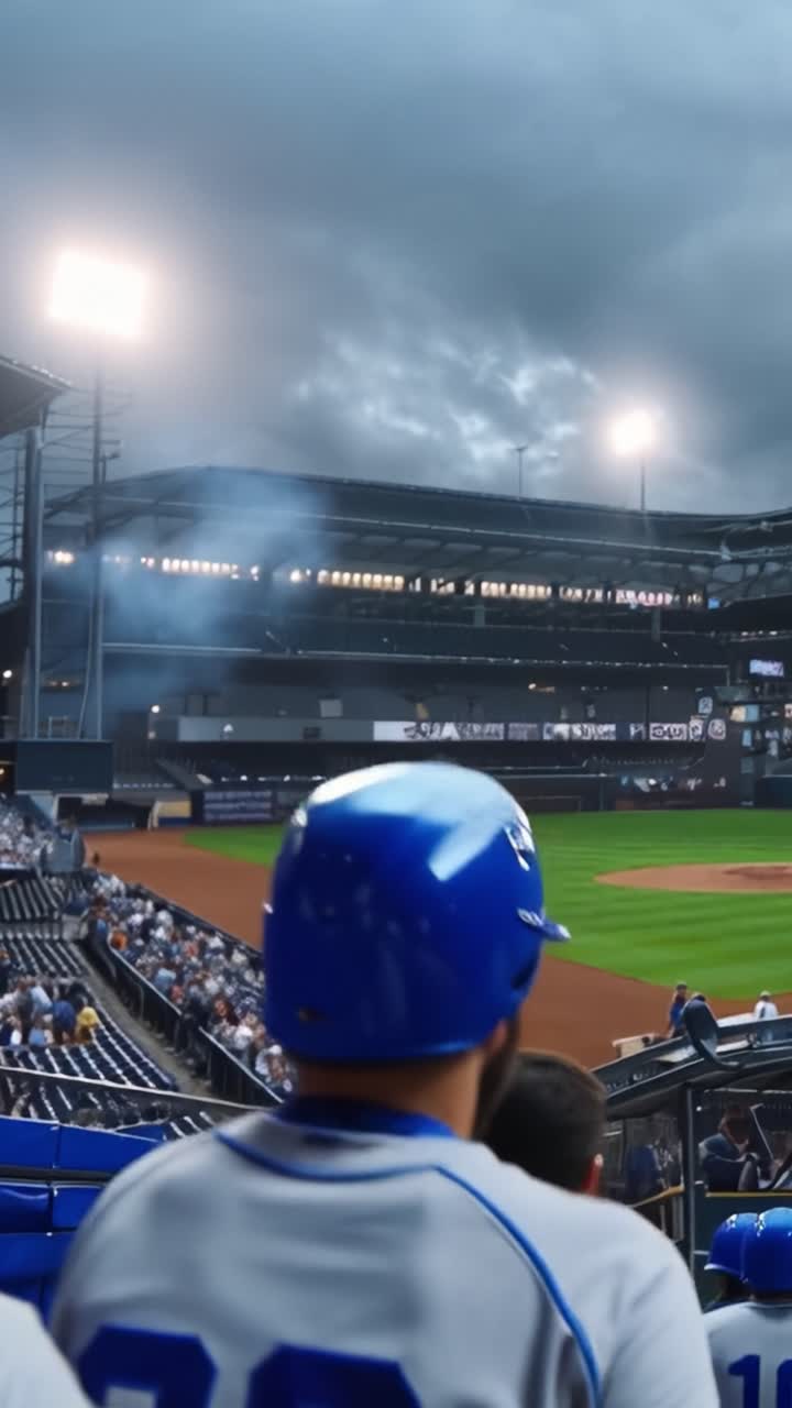 Young baseball players stand in dugout, helmets gleaming. Blue uniforms, numbers visible, show team unity. Dusk lights dimly illuminate the stadium's vast expanse. Players appear focused