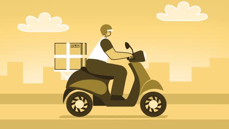 yellow style man flat character riding delivery scooter or moped with cardboard box. isolated loop animation with alpha matters