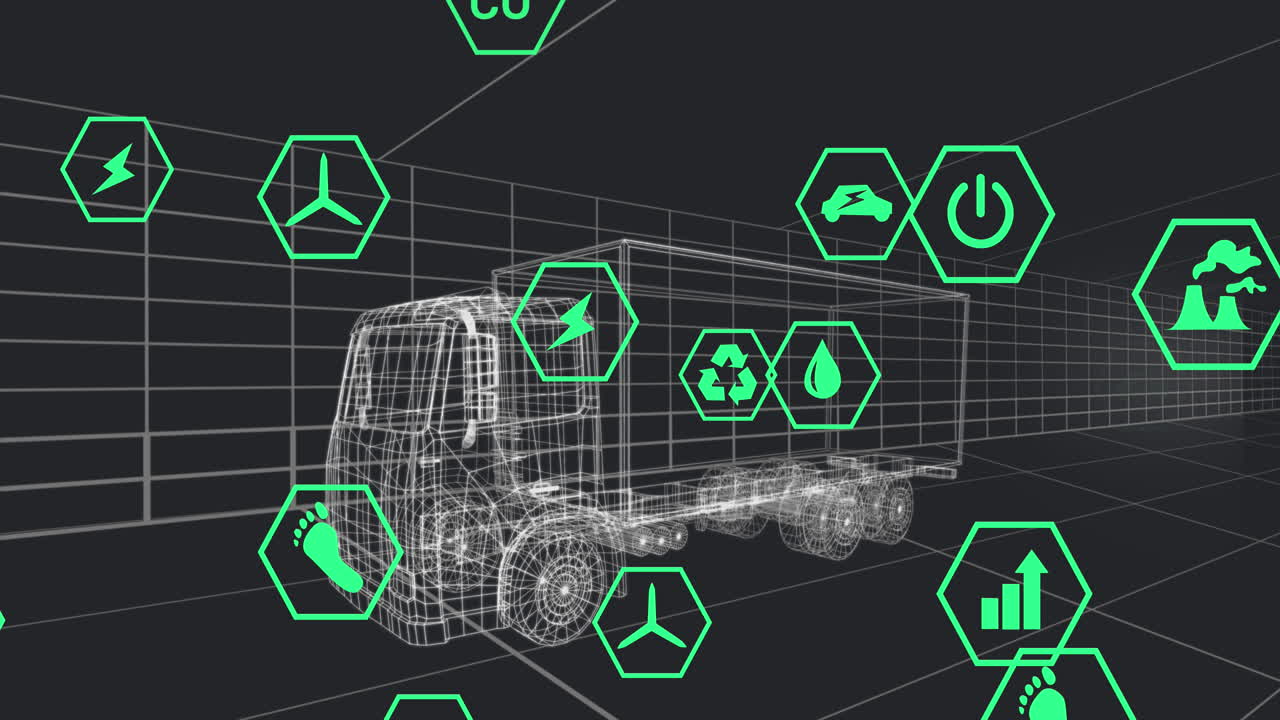 검은색 배경에서 움직이는 3d 자동차 모델 위에서 아이콘의 처리 상태 데이터를 애니메이션