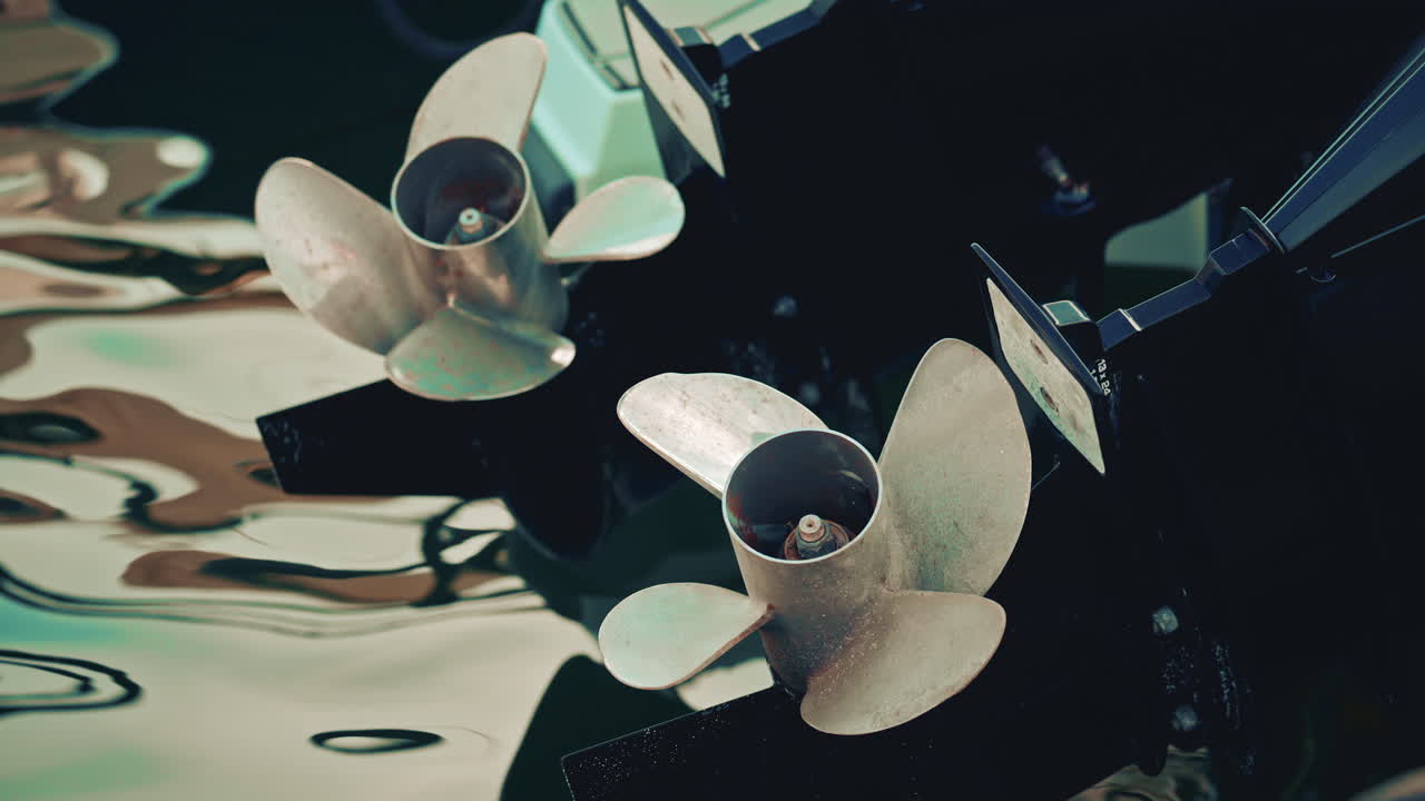 Two worn stainless steel boat propellers seen from above, rotating slightly in calm marina waters with abstract reflections