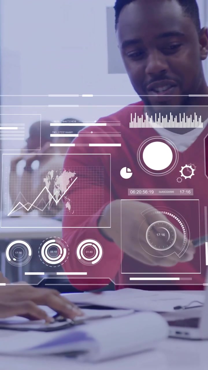Animation of financial data processing over diverse business people in office