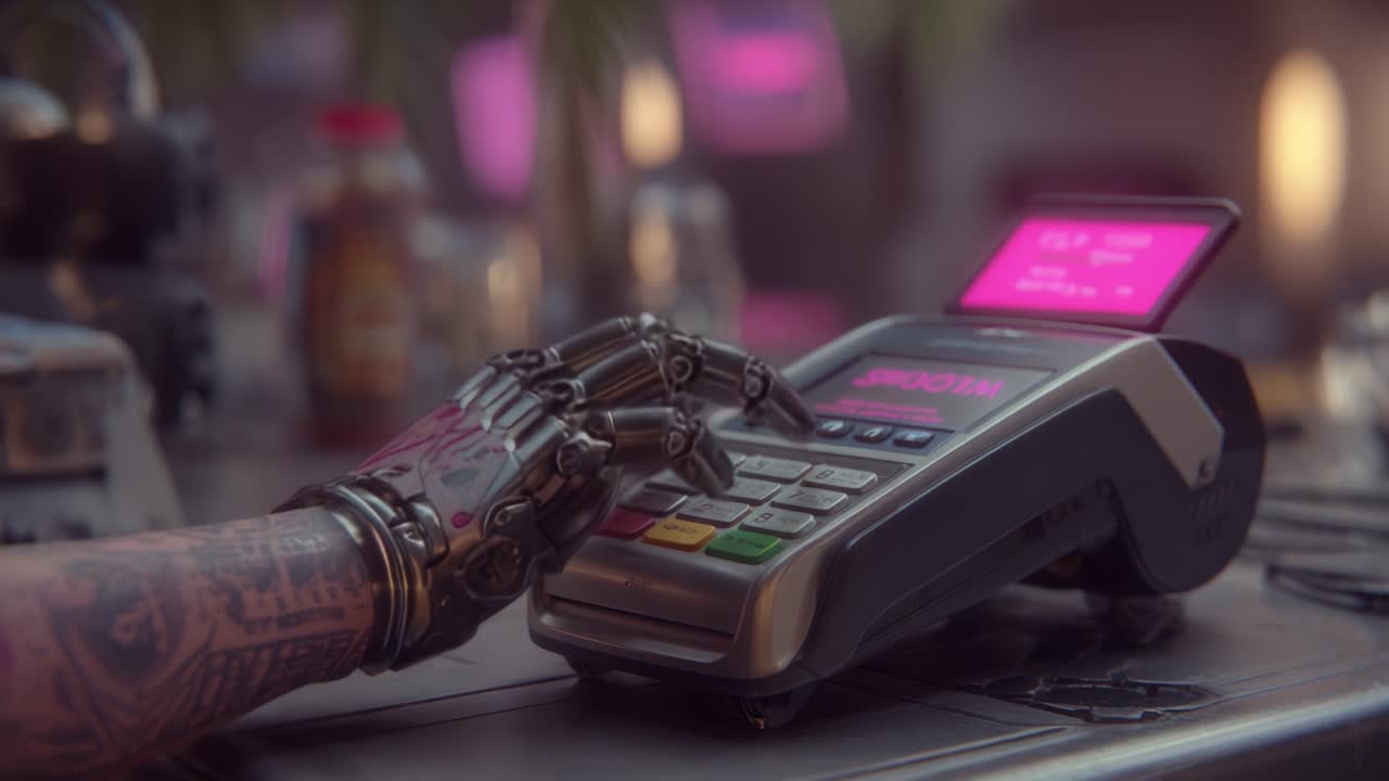 Futuristic Payment Experience: A Close-Up on a Robotic Hand Interacting with an Advanced Payment Terminal in a High-Tech Environment