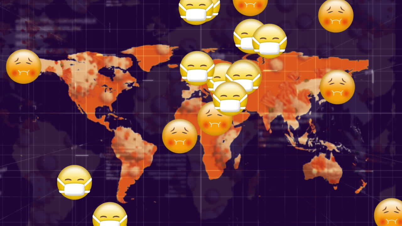 데이터 처리와 세계 지도 위에 떨어지는 아픈 이모티콘의 애니메이션, 검은색