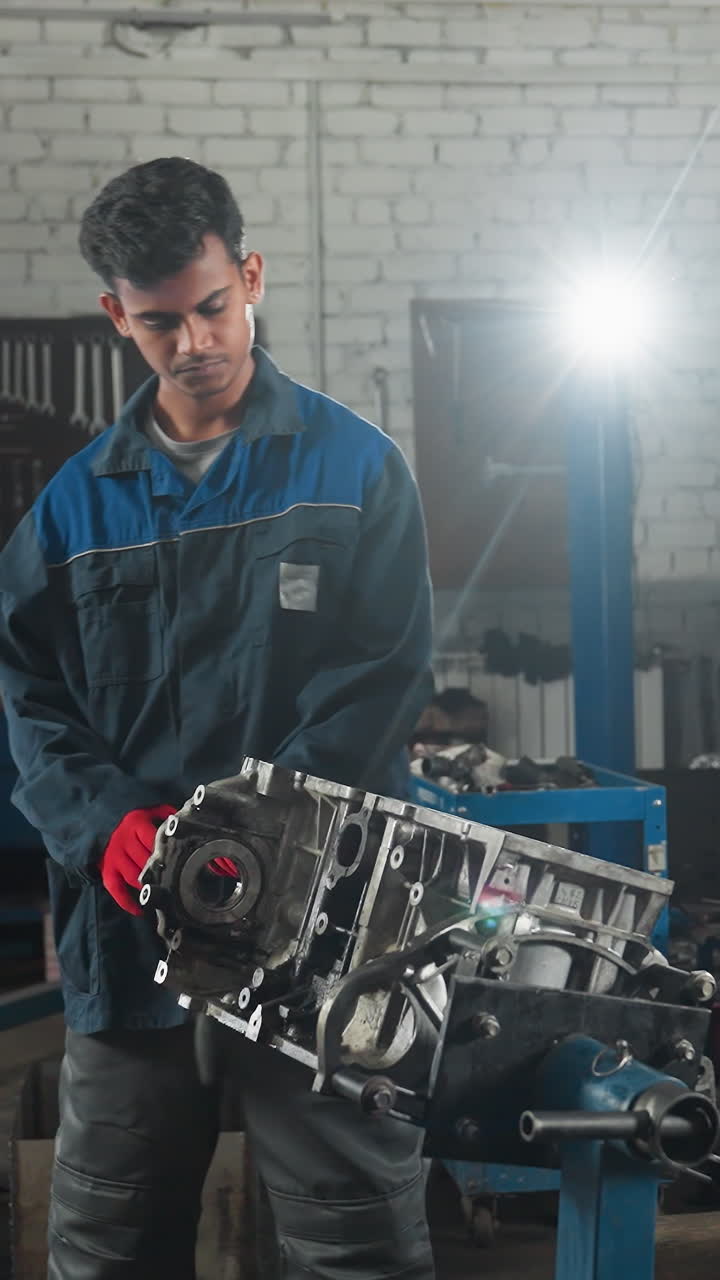 dos mecánicos en un taller automotriz; uno consultando su teléfono para mostrar algo a su colega que está centrado en el bloque del motor en la parte delantera, rodeado de equipos mecánicos