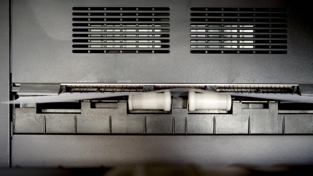 프로세스에서 사무실 프린터 문서의 클로즈업 샷이 작동 중이며 백서가 있는 시트 복사기