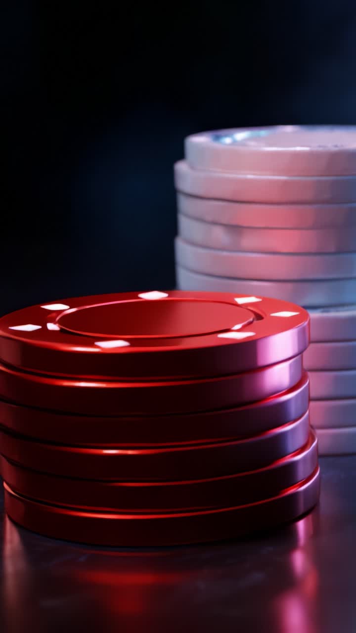 Pila di fiches rosse e bianche del casinò a fuoco, che cattura l'eccitazione del gioco d'azzardo e l'attesa di vincere in un'atmosfera oscura