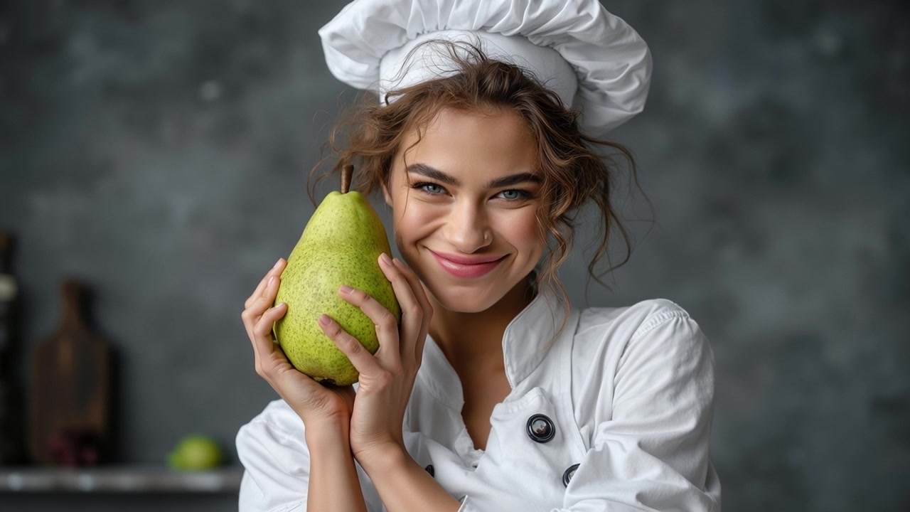 Ritratto di una chef sorridente in uniforme bianca che tiene in mano una pera verde fresca