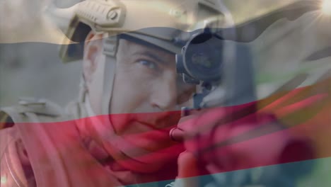 animation of flag of russia over caucasian male soldier aiming with rifle