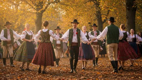 folk dancers in traditional costumes in an autumn setting