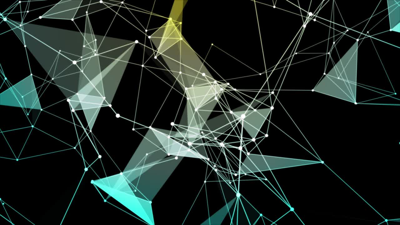 추상적인 파란색과 보라색 기하학적 선의 플렉서스, 검은색 배경에 움직이는 삼각형과 점.