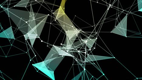 plexus of abstract blue and violet geometrical lines with moving triangles and dots on a black background. loop animations.