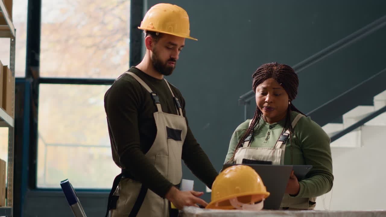 Warehouse workers discussing work