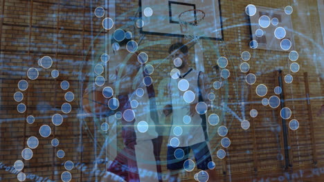 basketball players in gym with network of connections and data processing animation
