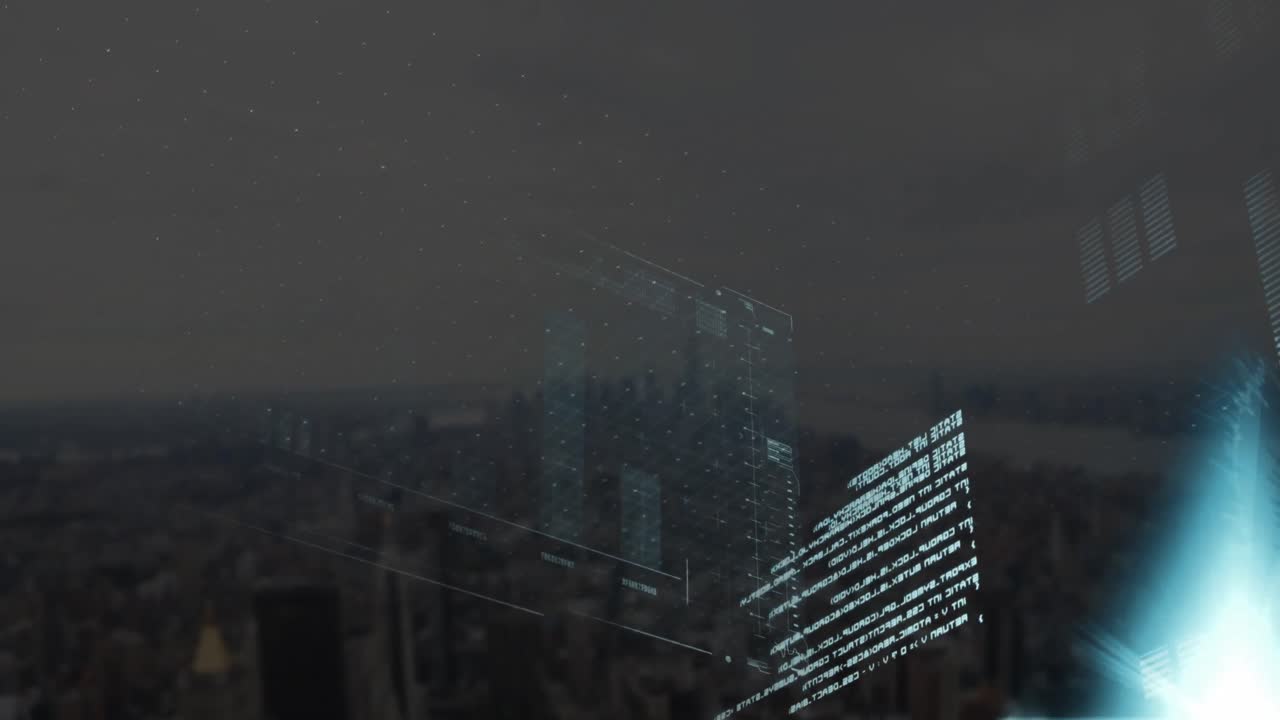 animación de la interfaz con el procesamiento de datos y el punto de luz azul contra la vista aérea del paisaje urbano