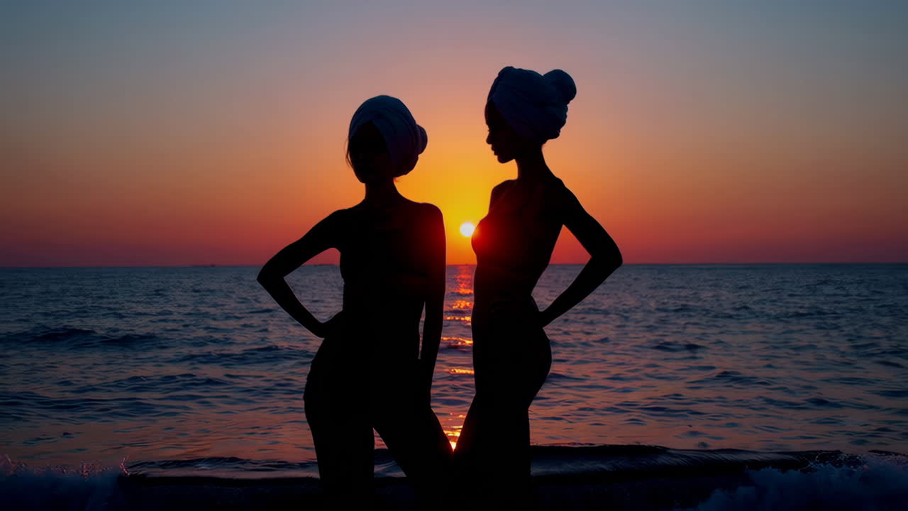 Two women in silhouette standing on a beach at sunset
