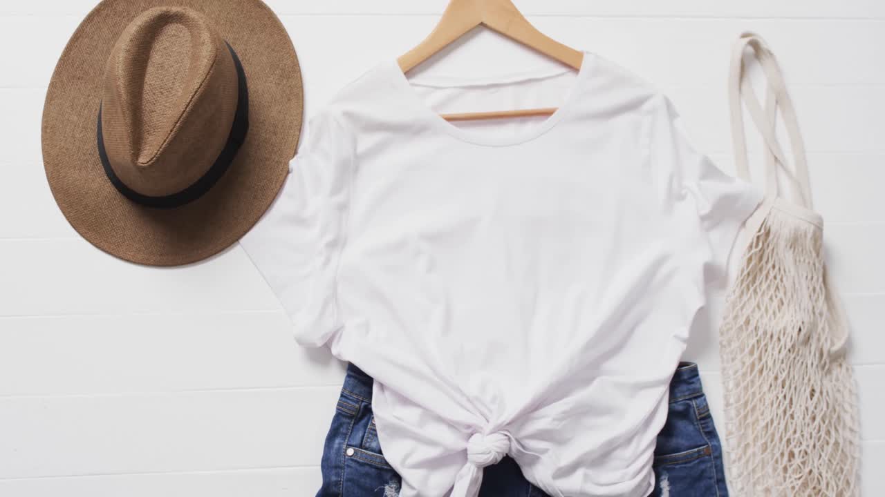 video de camiseta blanca, pantalones cortos de mezclilla, sombrero, bolso y espacio de copia sobre fondo blanco