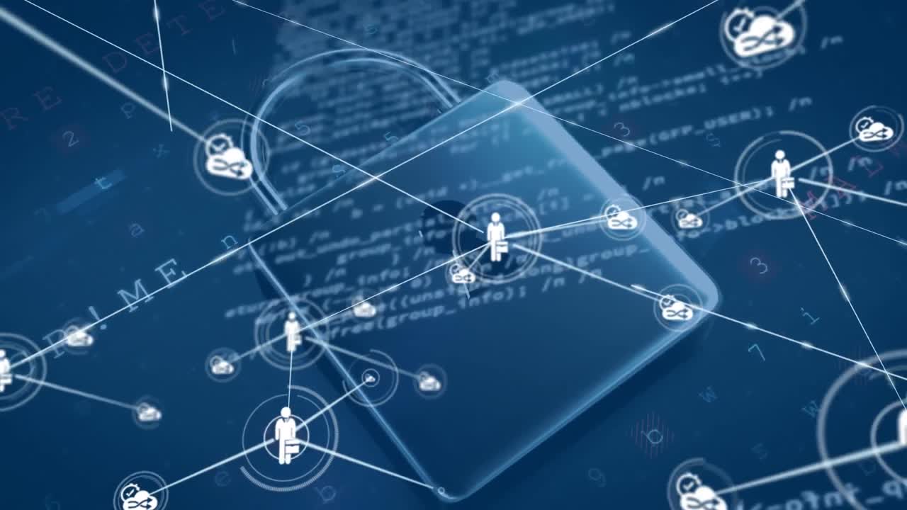 파란색 배경의 데이터 처리에 대한 디지털 아이콘과 보안  ⁇ 락 아이콘의 네트워크