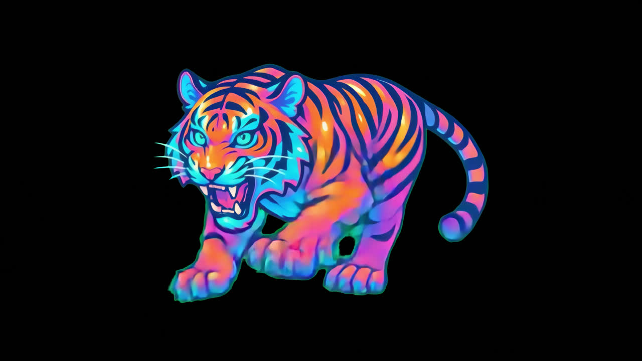 Animação de ilustração de tigre pop vibrante, ativo isolado, vídeo 4K transparente, canal alfa, ProRes.