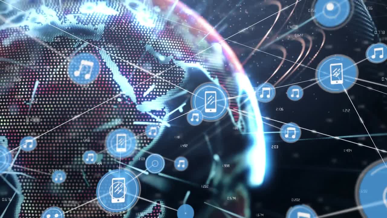 animación de una red de iconos digitales y rastros de luz sobre un globo giratorio contra un fondo azul