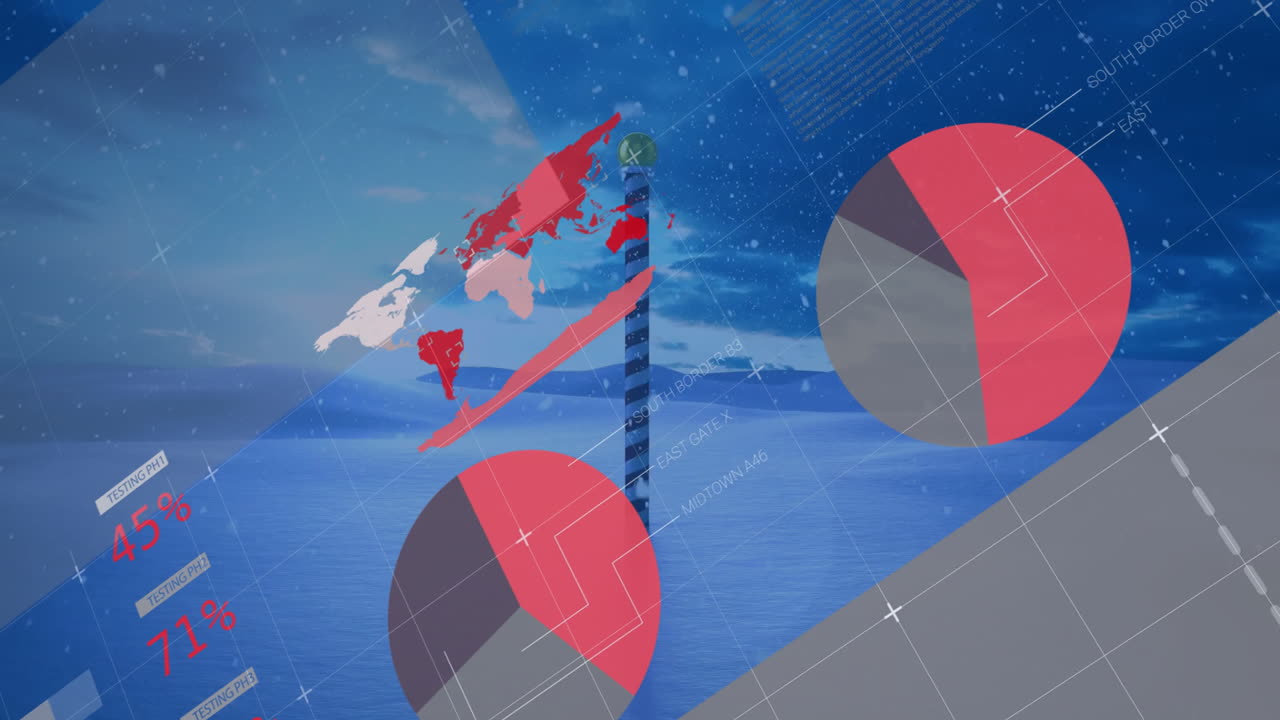Data visualization being animated over ocean, showing candy-cane pole, flat world map and pie chart